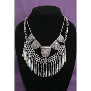 Set Of Two Boho Statement Necklaces In Silver Tone Metal Panel Fringe Distressed